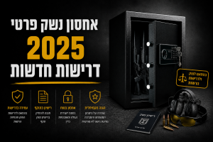 כספת נשק שחורה פתוחה עם נשקים מאוחסנים בצורה מאובטחת, לצד ציוד ירי ורישיון נשק, על רקע כהה דרמטי עם כיתוב בעברית על דרישות חדשות לאחסון נשק פרטי בשנת 2025.
