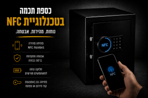 כספת חכמה בטכנולוגיית NFC עם פתיחה באמצעות סמארטפון, על רקע כהה דרמטי, עם כיתוב בעברית המדגיש אבטחה מתקדמת, נוחות וגישה מהירה ללא מפתח.