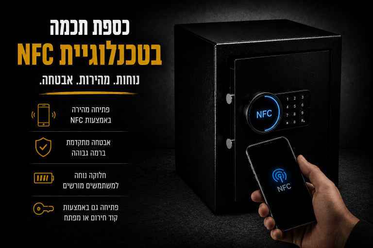 כספת חכמה בטכנולוגיית NFC עם פתיחה באמצעות סמארטפון, על רקע כהה דרמטי, עם כיתוב בעברית המדגיש אבטחה מתקדמת, נוחות וגישה מהירה ללא מפתח.