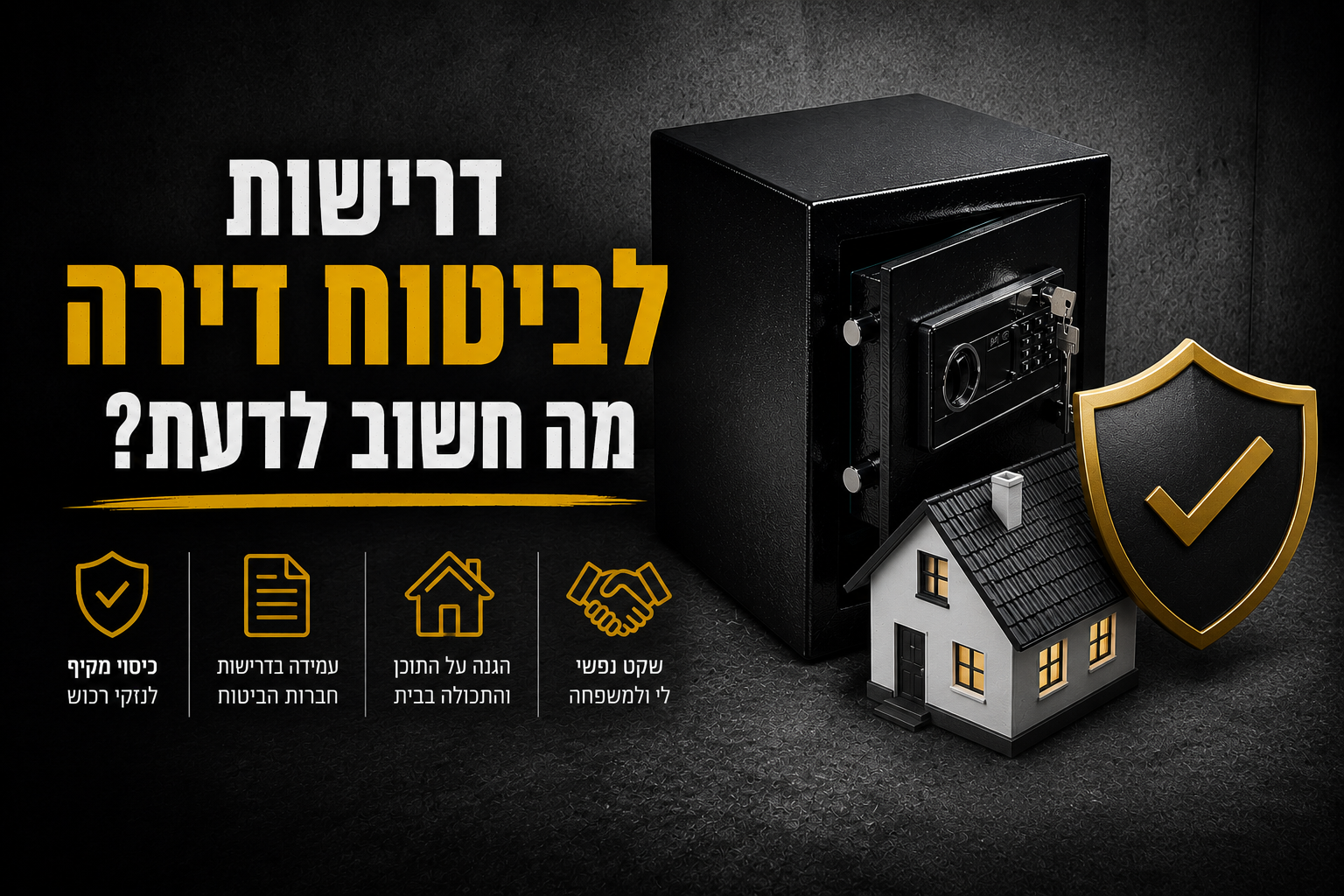 כספת ביתית שחורה לצד בית ומגן ביטוחי, על רקע כהה דרמטי, עם כיתוב בעברית על דרישות לביטוח דירה והגנה על ר1כוש יקר באמצעות כספת.