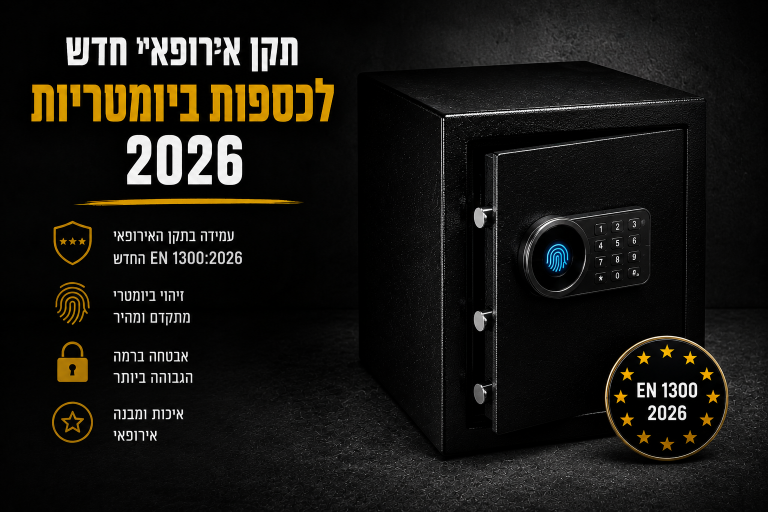 כספת ביומטרית שחורה עם סורק טביעת אצבע ותקן אירופאי EN 1300:2026, על רקע כהה דרמטי עם כיתוב בעברית המדגיש אבטחה מתקדמת וטכנולוגיה חדשנית